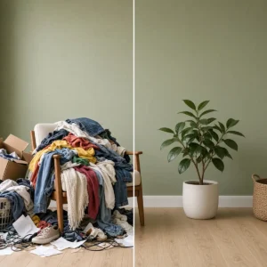 ADHD decluttering system before and after: a chair buried under clothes, boxes and cables next to the same sage green room with only a plant and a woven basket