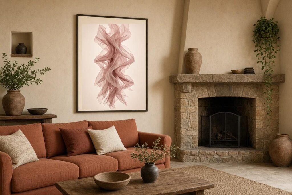 Blush pink wall art in a boho room with terracotta sofa
