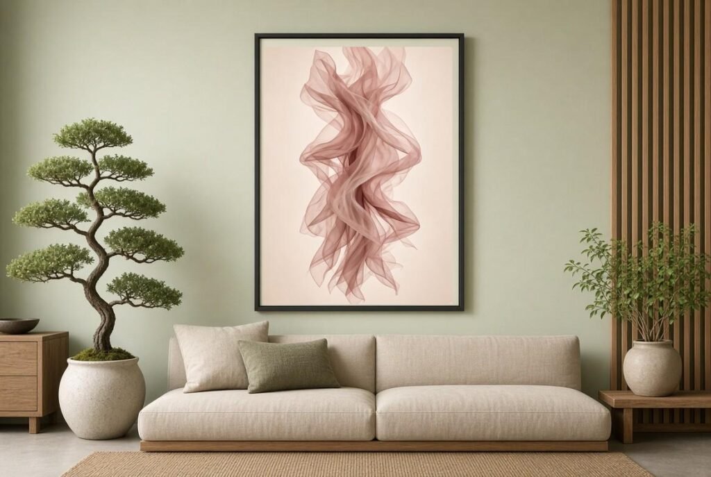 Blush pink wall art with sage green wall and bonsai