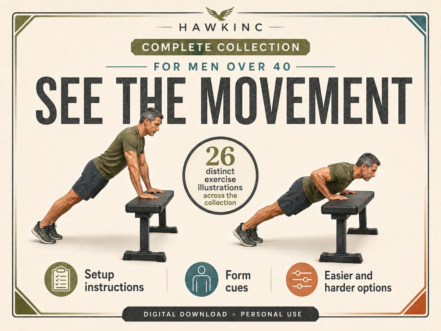 Calisthenics for men over 40: man doing an incline push-up on a bench, one of 26 exercise illustrations with setup instructions, form cues and easier or harder options
