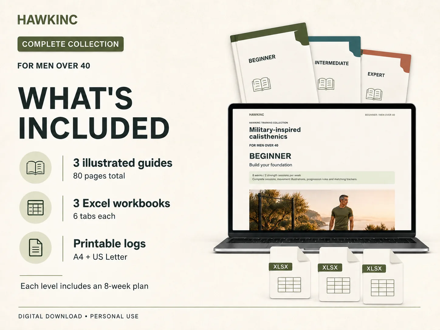What is included in the calisthenics workout plan: 3 illustrated PDF guides with 80 pages, 3 Excel workout trackers with 6 tabs each, and printable workout logs in A4 and US Letter