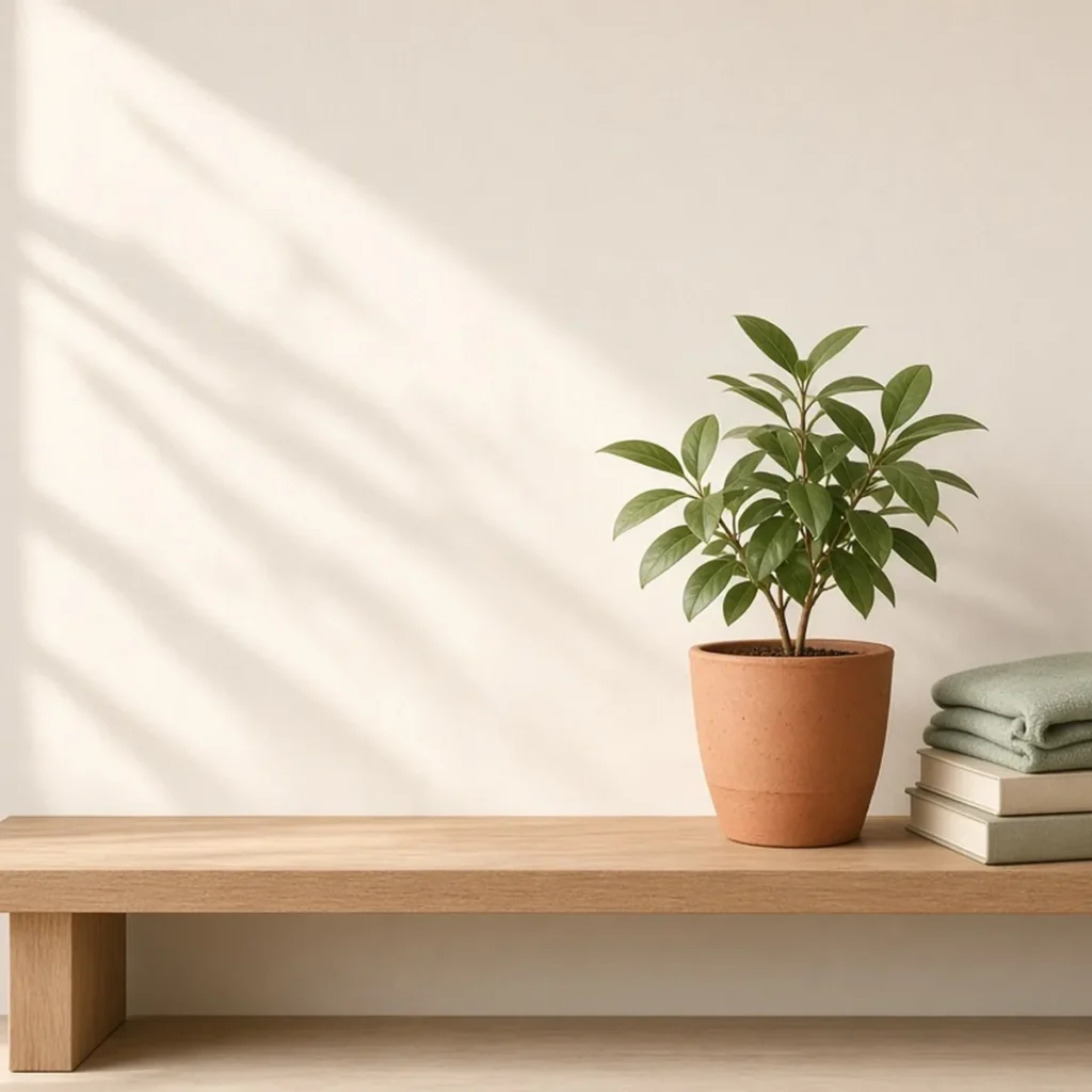 Calm organized oak shelf with a potted plant, folded sage green towels and two books in soft window light after decluttering