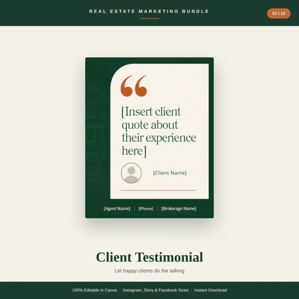 Client testimonial template for realtors with quote and client photo placeholder