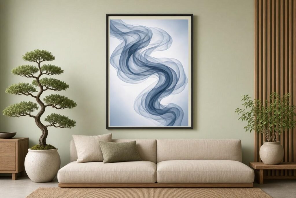 Coastal living room wall art with sage wall and navy print