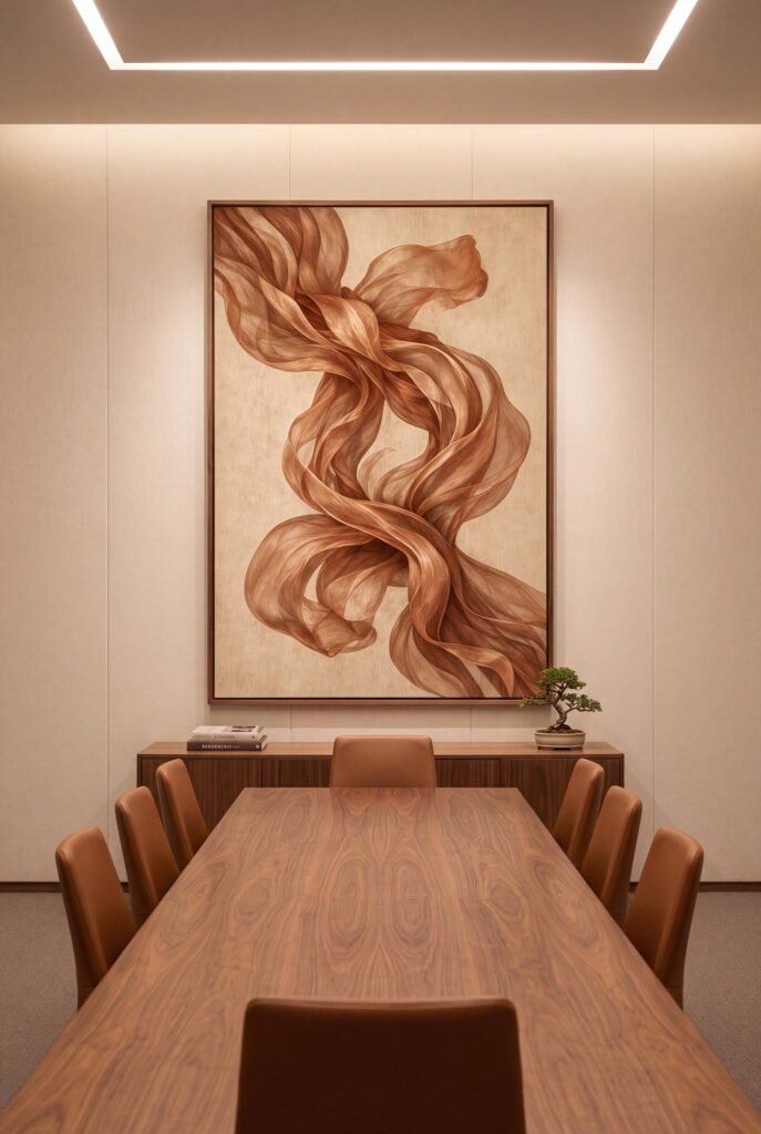 Copper abstract wall art in an office meeting room