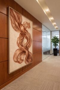 Copper abstract wall art office hallway