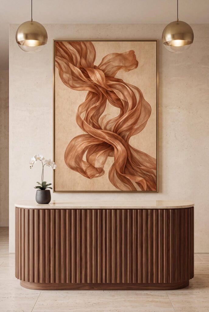 Terracotta wall art above a reception desk