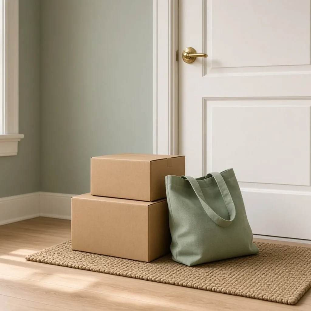 Two cardboard donation boxes and a sage green tote bag waiting by the front door after a decluttering session