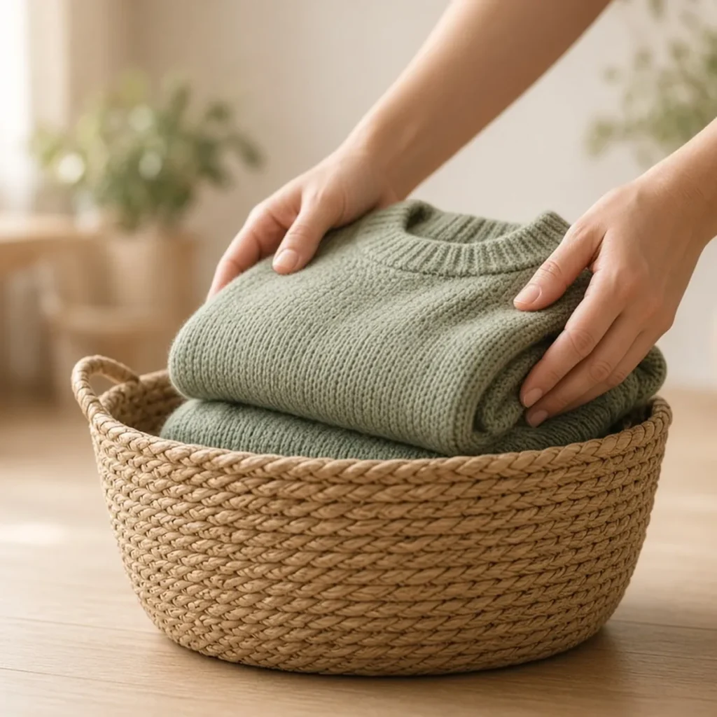 Hands folding sage green knit sweaters into a woven storage basket during a short decluttering session