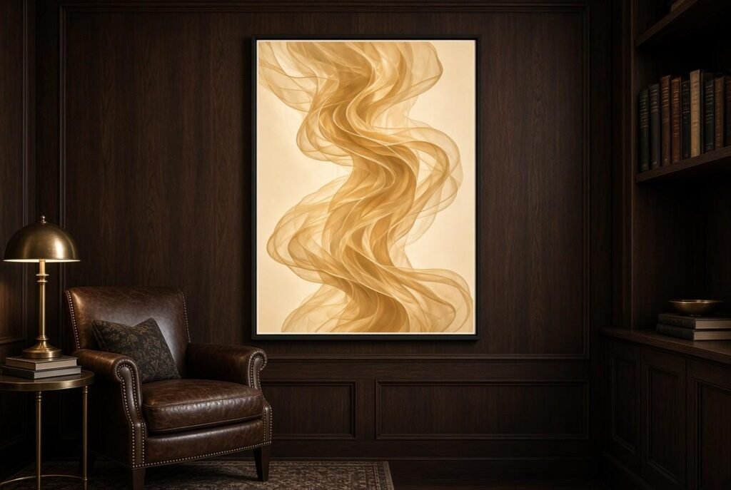 Gold abstract wall art in a dark reading nook