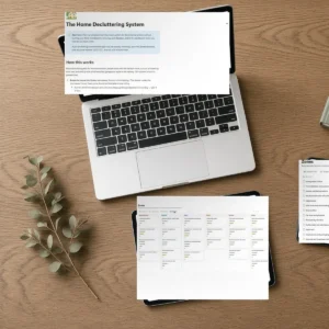 The Home Decluttering System Notion template shown on a laptop, tablet and phone, with the Start Here dashboard, the Zones board and the Zones list