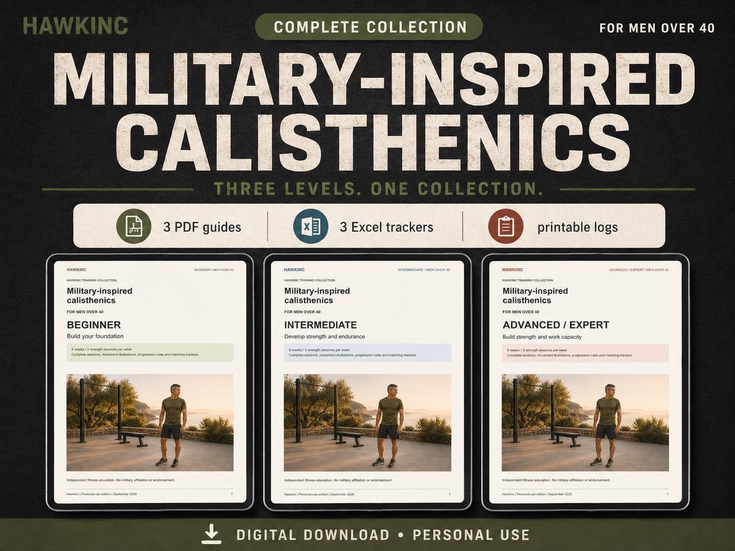 Military-inspired calisthenics complete collection for men over 40 with three levels, PDF guides, Excel trackers and printable logs