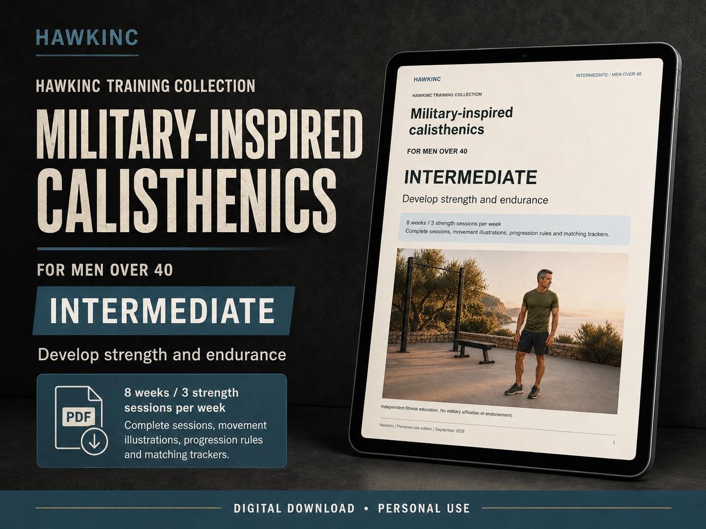 Download, open, begin: digital calisthenics guide shown on a tablet with a printable log