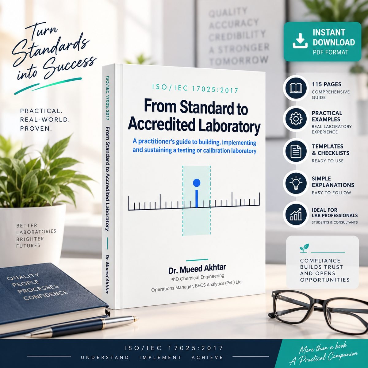 ISO 17025 lab accreditation guide PDF instant download, 115 pages with practical examples, templates and checklists for laboratory professionals