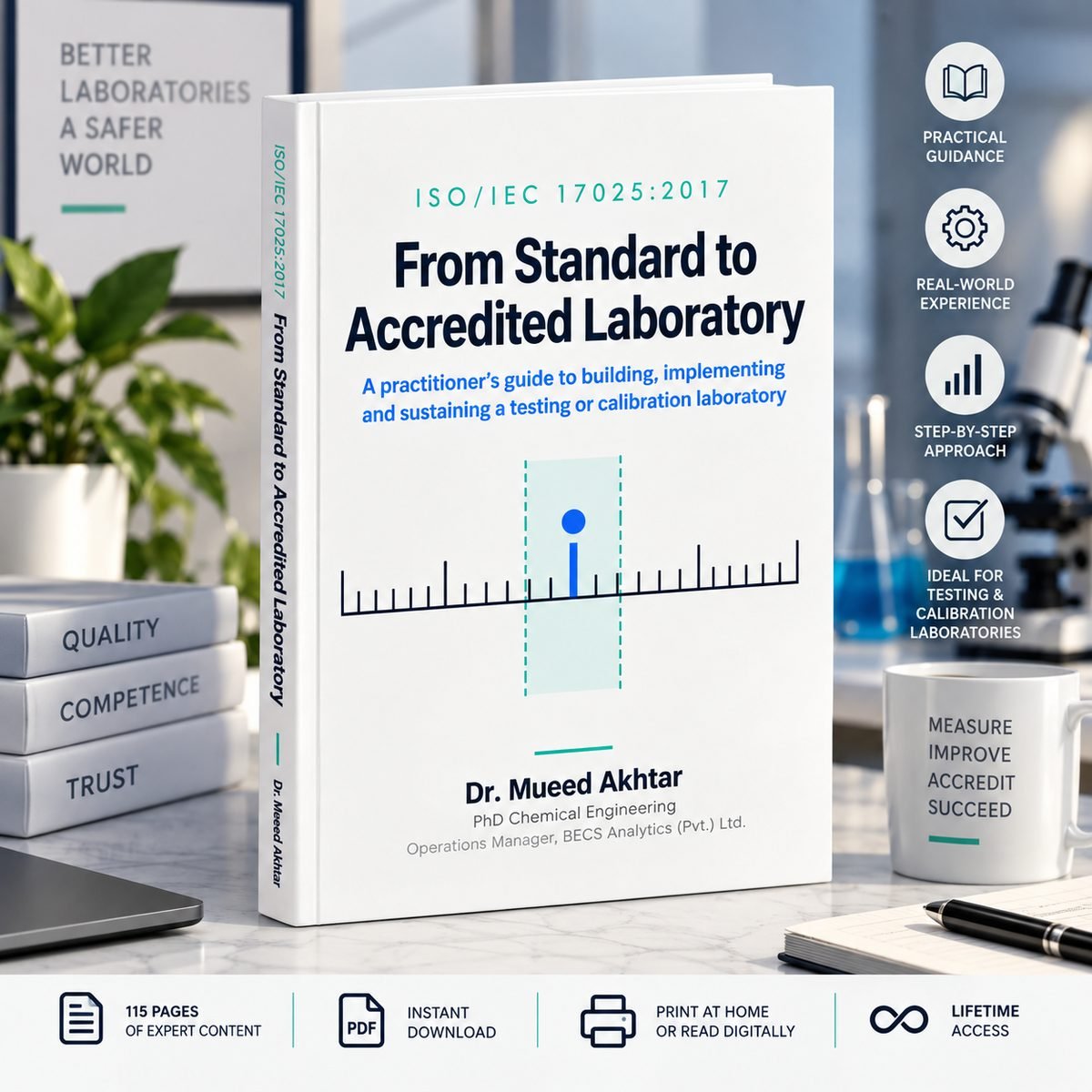 ISO 17025 laboratory accreditation guide with 115 pages of expert content, printable at home or readable on any device