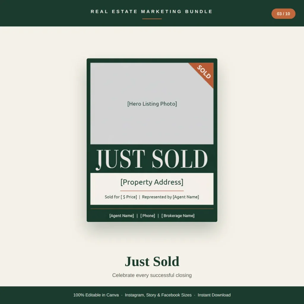 Just sold post template for real estate agents with hero listing photo and sold price