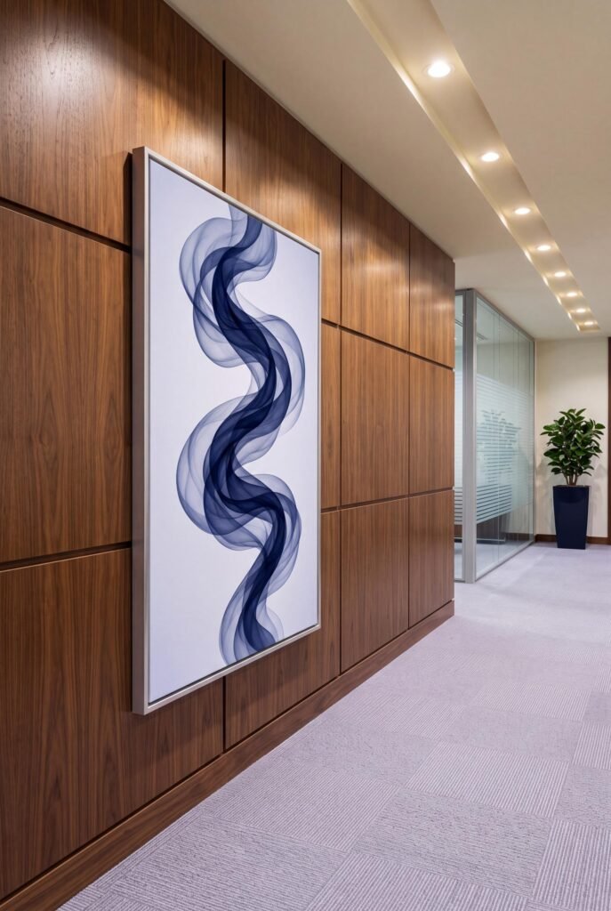 Navy blue wall art for office corridor with walnut panelling