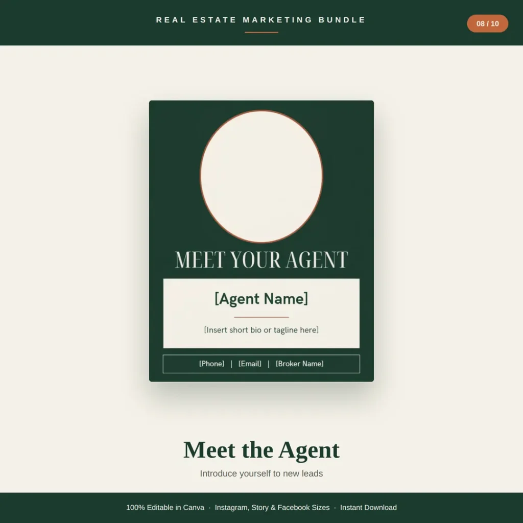 Meet the agent post template with headshot circle, agent name and short bio