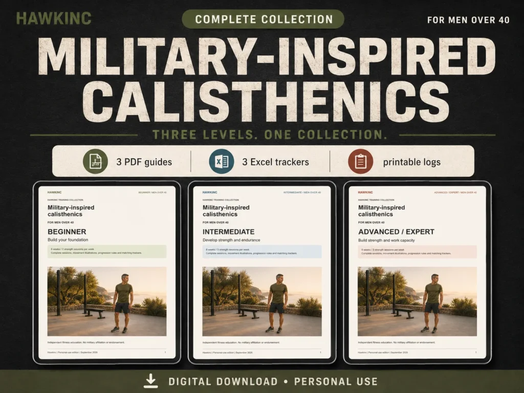 Military-inspired calisthenics workout plan for men over 40 complete collection with 3 PDF guides, 3 Excel workout trackers and printable logs for beginner, intermediate and advanced levels