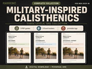 Military-inspired calisthenics workout plan for men over 40 complete collection with 3 PDF guides, 3 Excel workout trackers and printable logs for beginner, intermediate and advanced levels