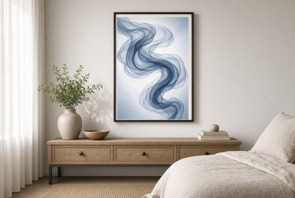 Navy abstract art in a white coastal bedroom