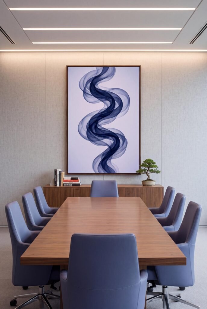 Modern office wall art in a navy meeting room