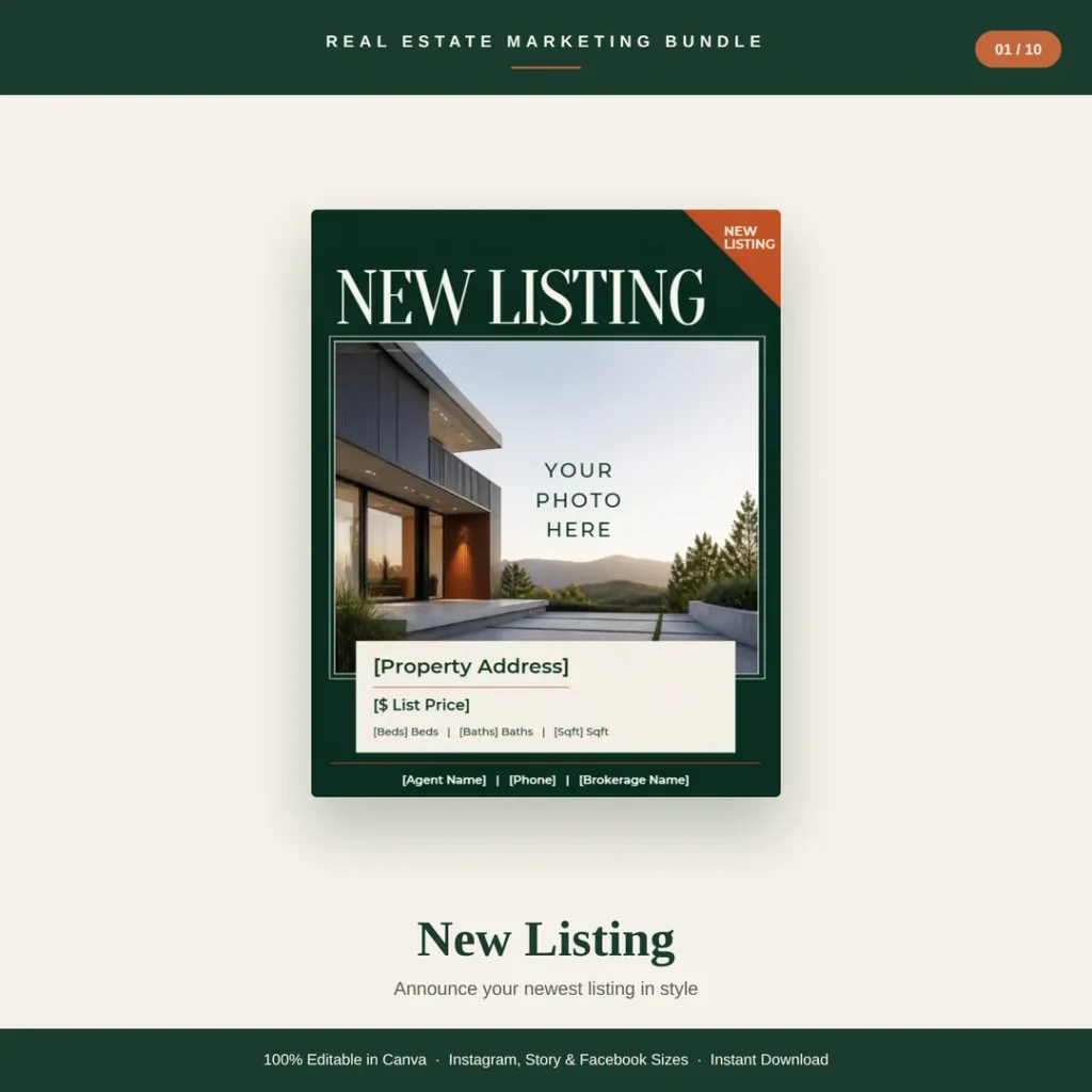 Real estate social media templates: new listing Instagram post template in forest green and terracotta, editable in Canva