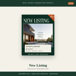 Real estate social media templates: new listing Instagram post template in forest green and terracotta, editable in Canva