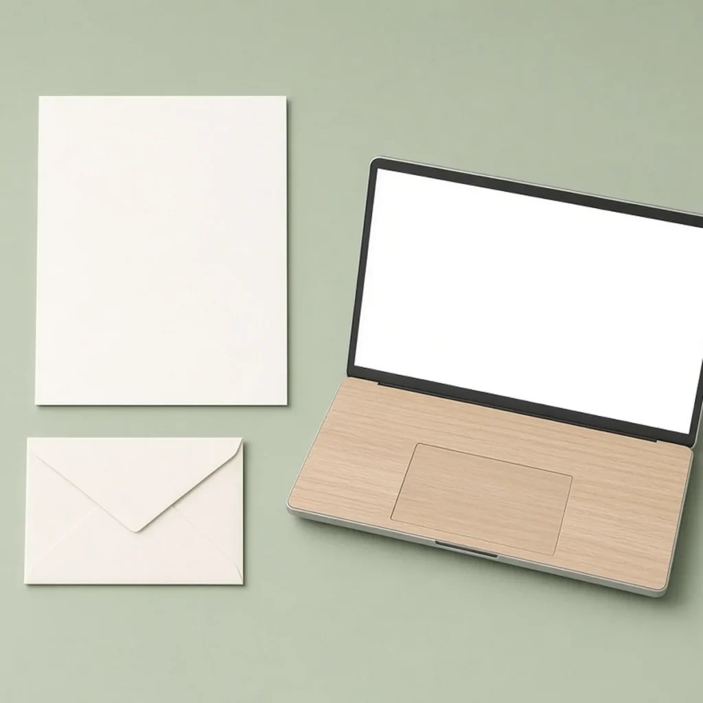 Minimal workspace flat lay with a blank sheet, an envelope and an open laptop on a sage green desk, ready to plan a weekly cleaning schedule