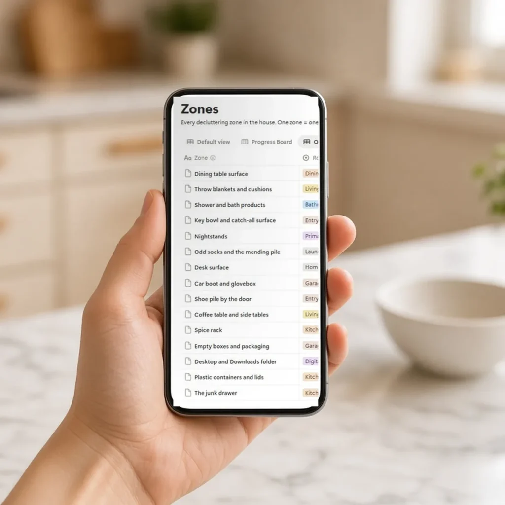 Hand holding a phone showing the Notion declutter planner Zones list: dining table surface, shower and bath products, nightstands, spice rack and the junk drawer