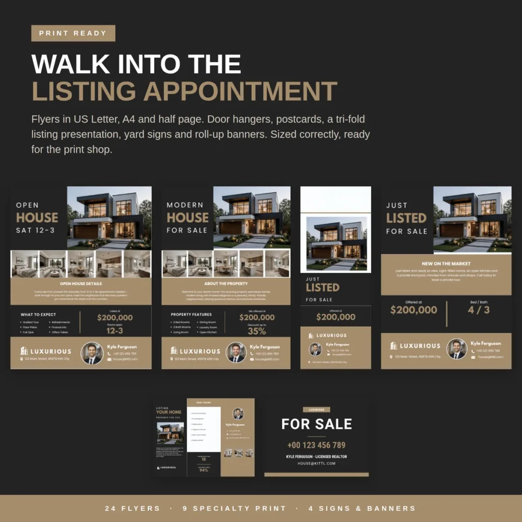 Open house flyer template, listing flyer, tri-fold listing presentation and for sale yard sign