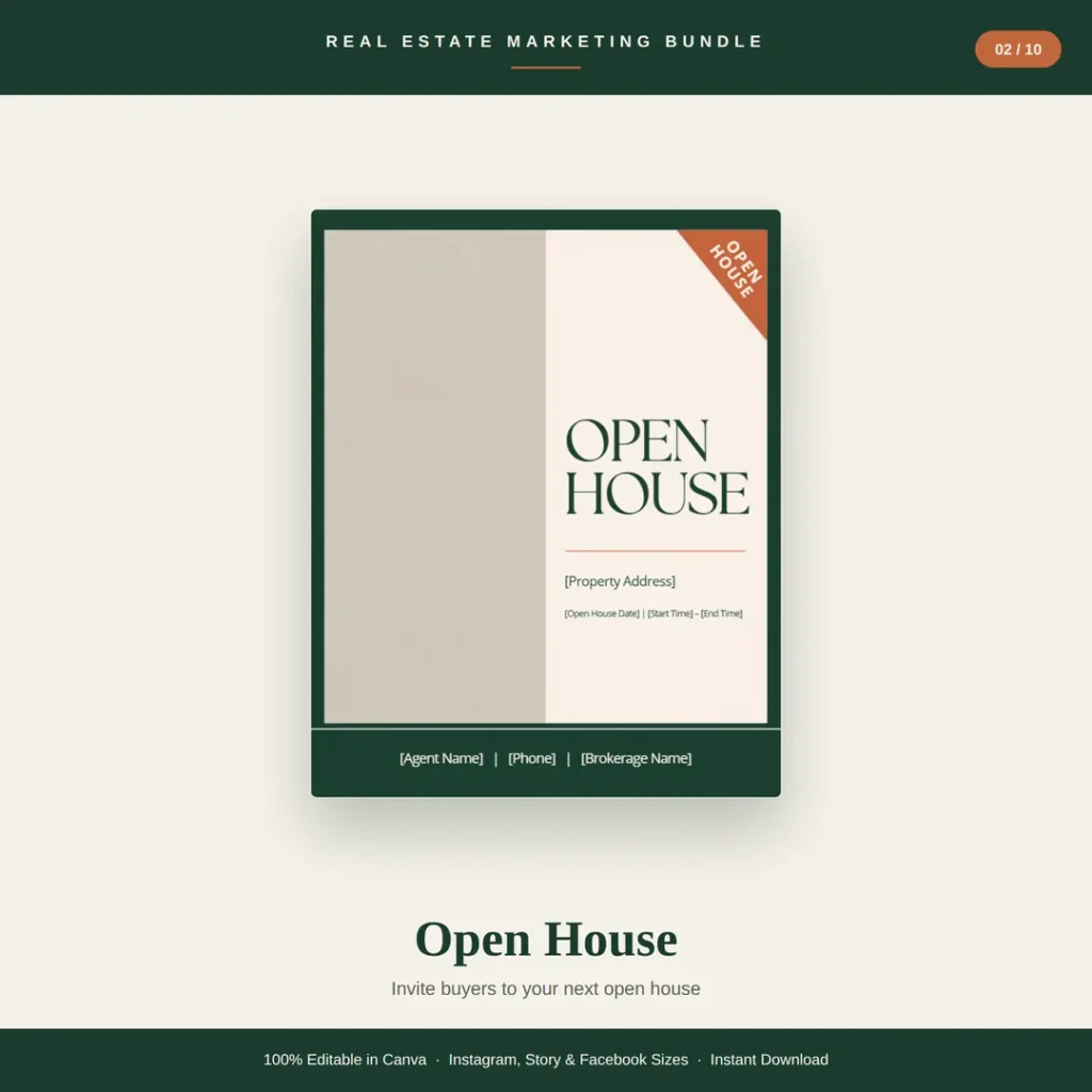 Open house Instagram post template in Canva with property address, date and time placeholders