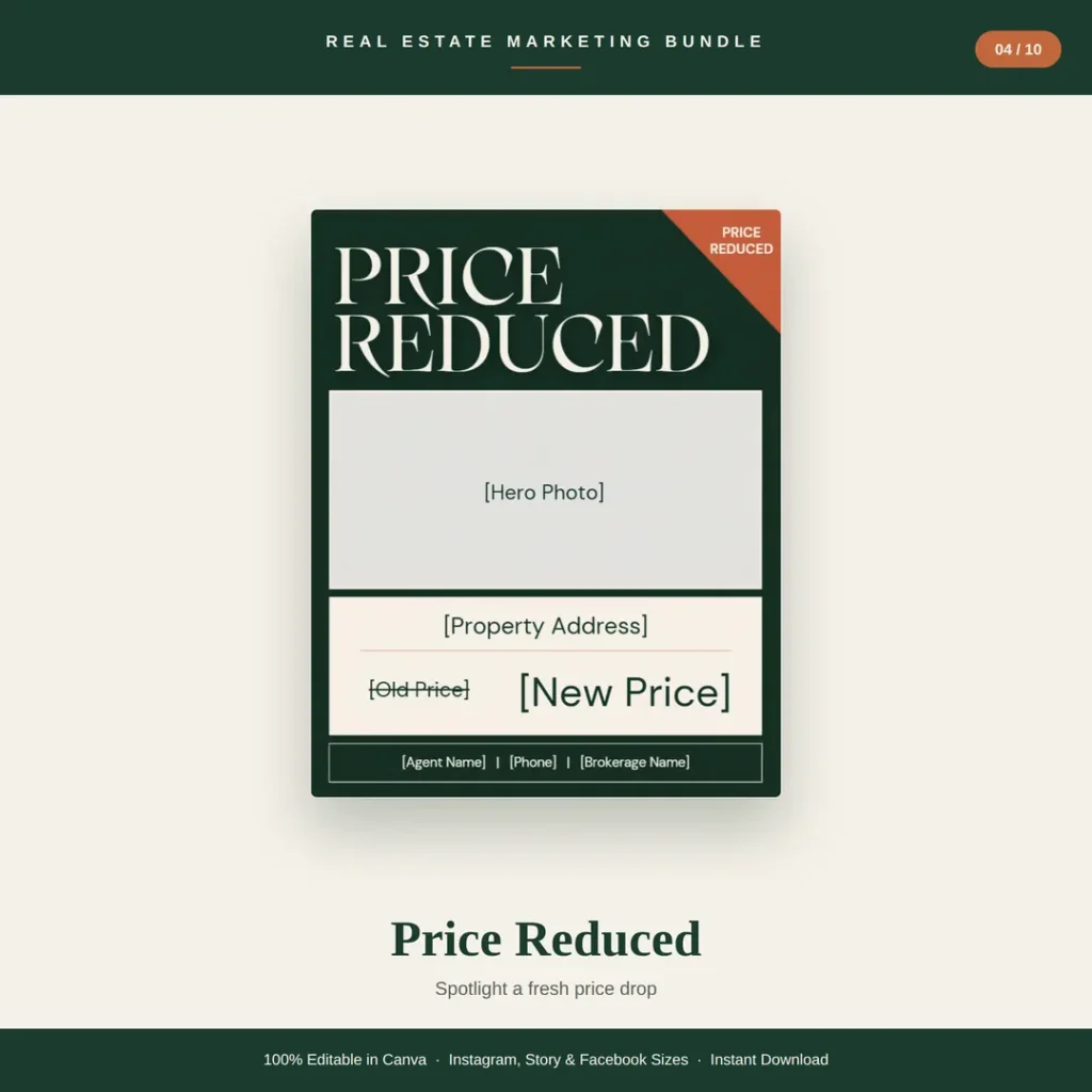 Price reduced real estate post template showing old price and new price