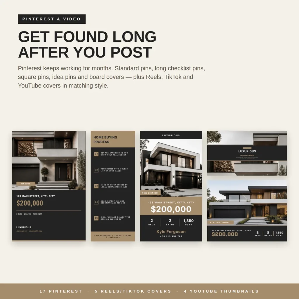 Real estate Pinterest pin templates and Reels, TikTok and YouTube cover templates