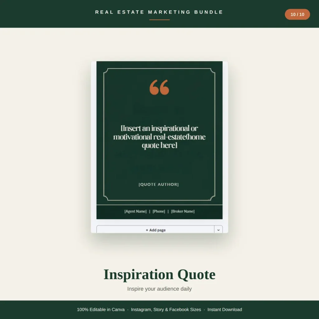 Inspirational real estate quote post template in forest green with terracotta accents