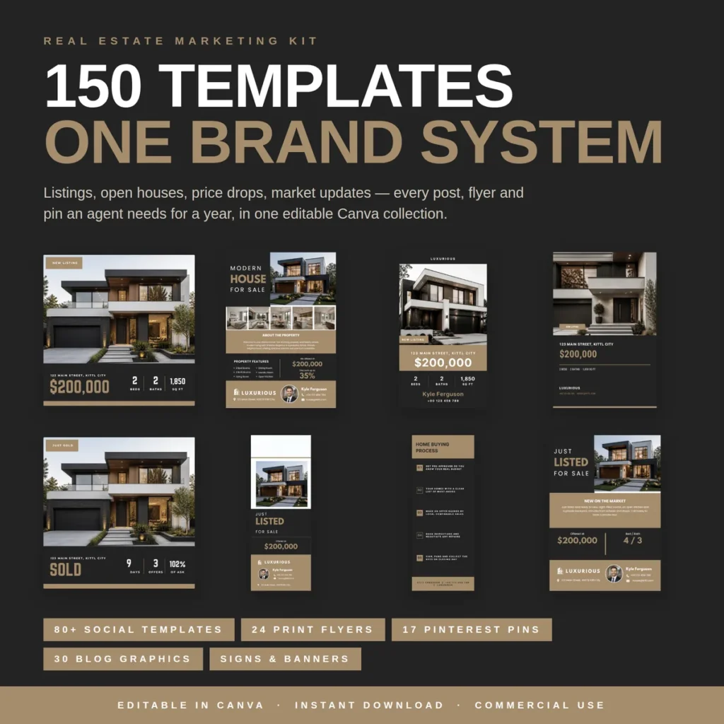 Real estate template bundle with 150 editable Canva templates in charcoal and bronze