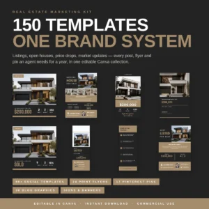 Real estate template bundle with 150 editable Canva templates in charcoal and bronze