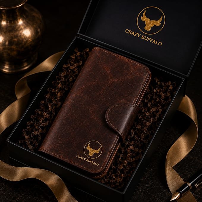 Realistic product mockup of a leather wallet in a gift box for an Etsy listing