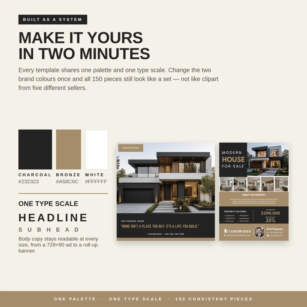 Realtor brand kit colour palette charcoal, bronze and white with one type scale