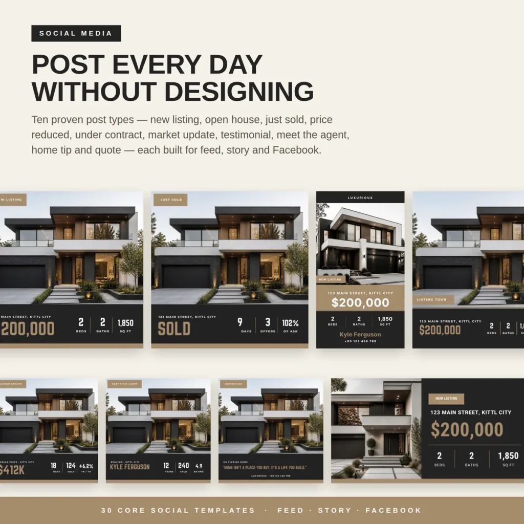 Realtor Instagram post templates for new listing, just sold and market update in Canva