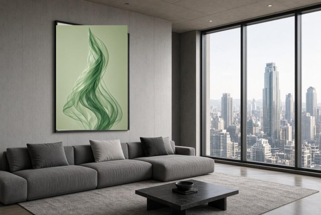 Sage green abstract wall art in a city apartment living room