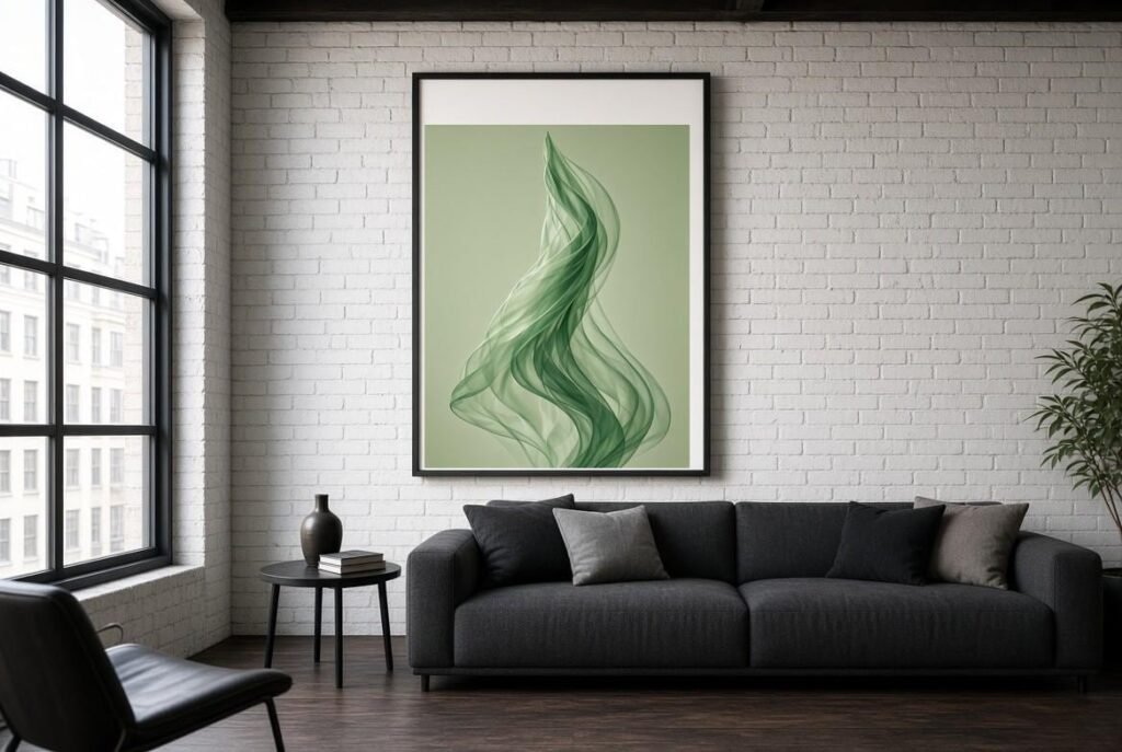 Sage green wall art in a loft living room with white brick