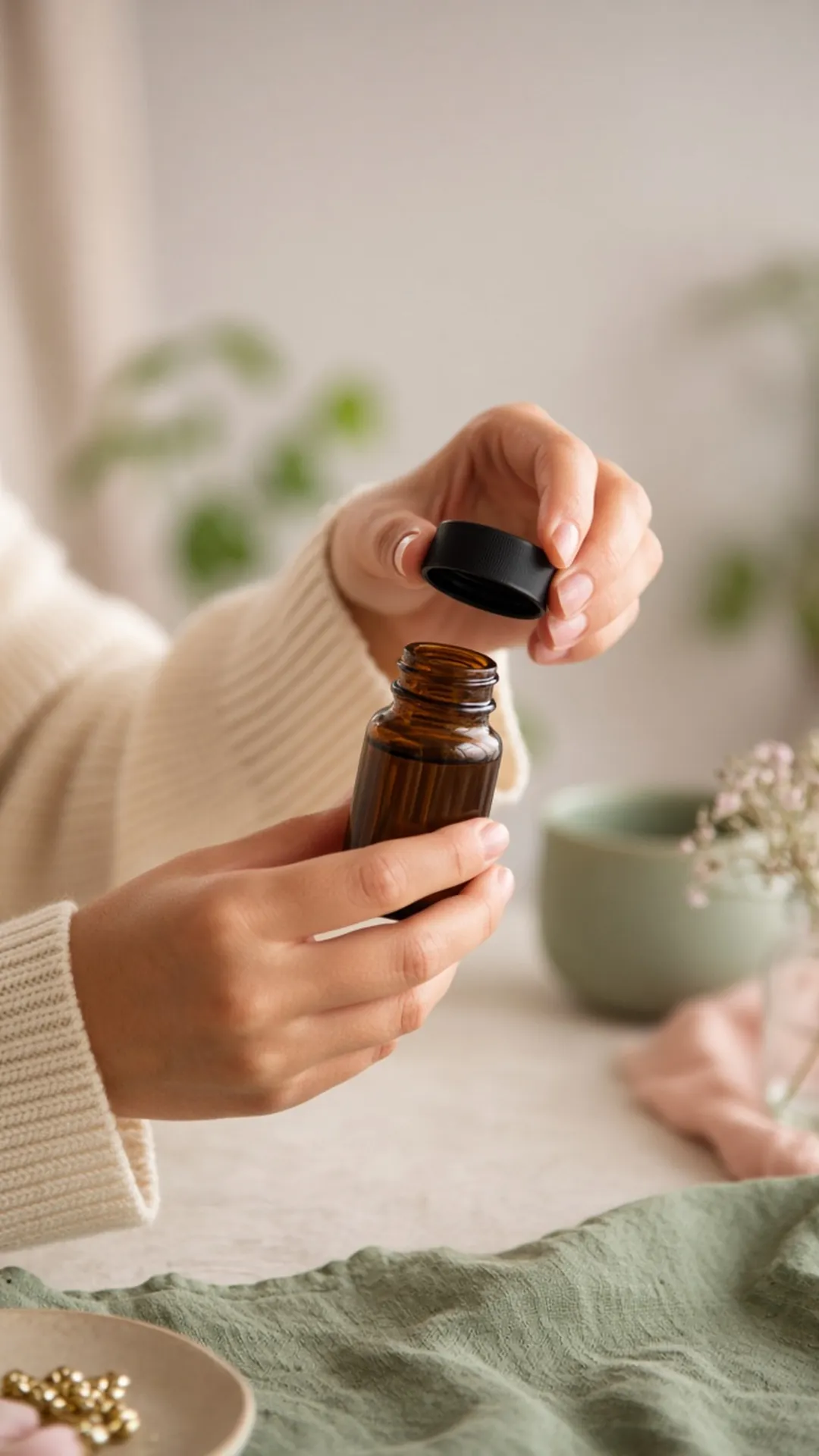 Woman opening an amber supplement bottle – daily thyroid support routine with Thyrafemme Balance
