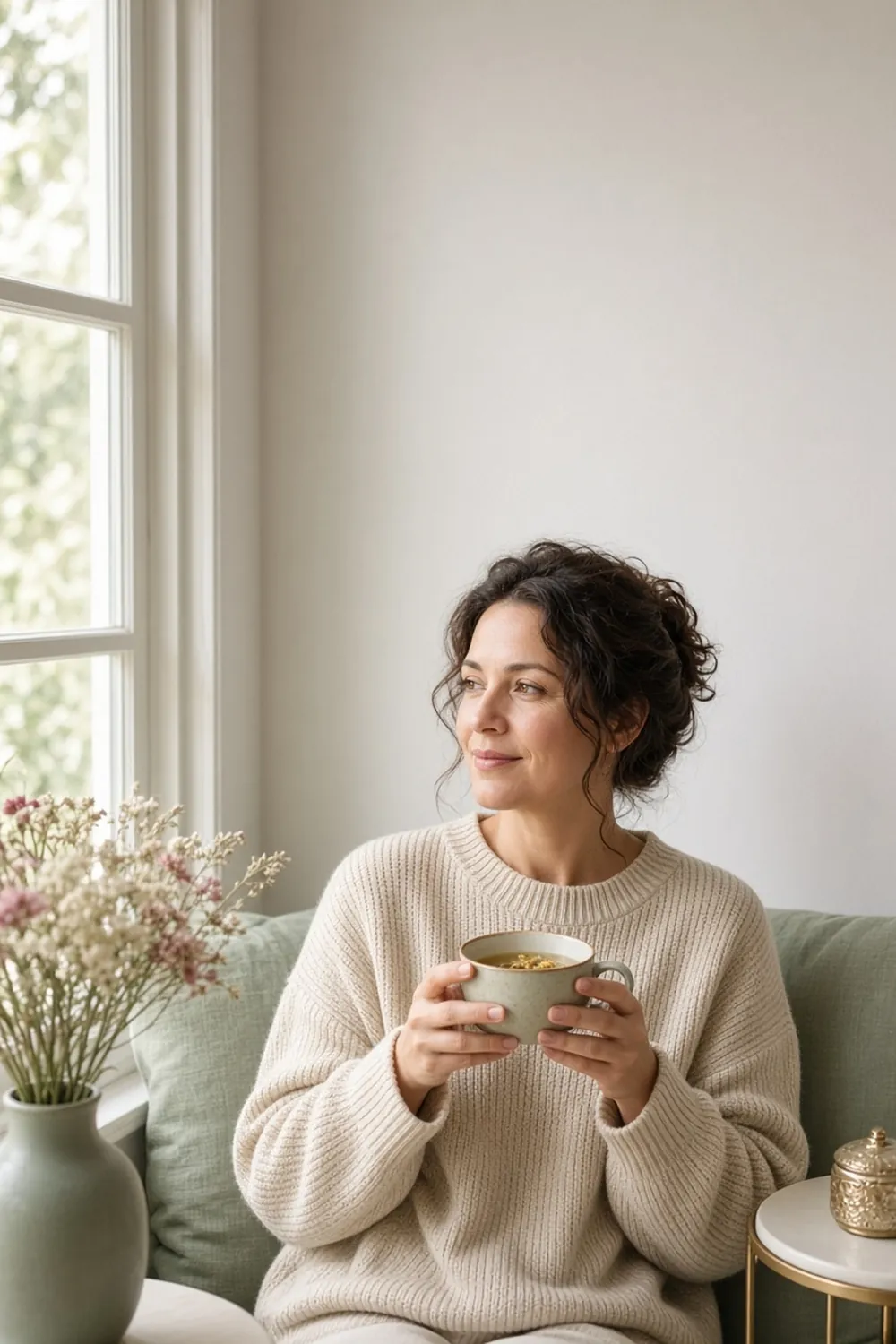 Woman relaxing with herbal tea by a window – Thyrafemme Balance honest review for women's thyroid support