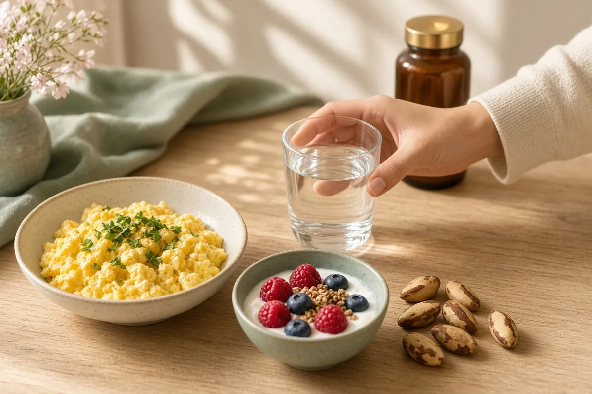 Healthy breakfast with eggs, yogurt, berries, Brazil nuts, water and a daily supplement routine