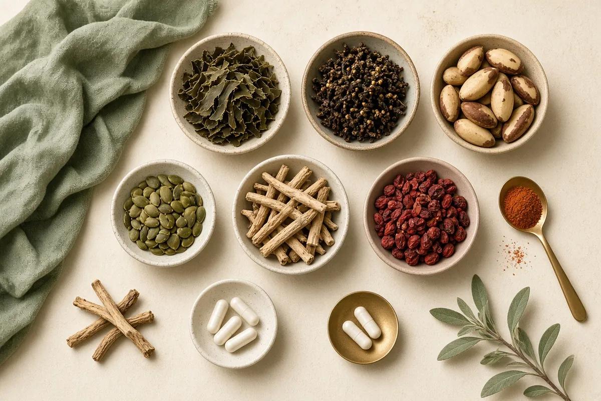 Thyrafemme Balance ingredients flat lay: kelp, bladderwrack, Brazil nuts, pumpkin seeds, ashwagandha, schisandra berries and cayenne