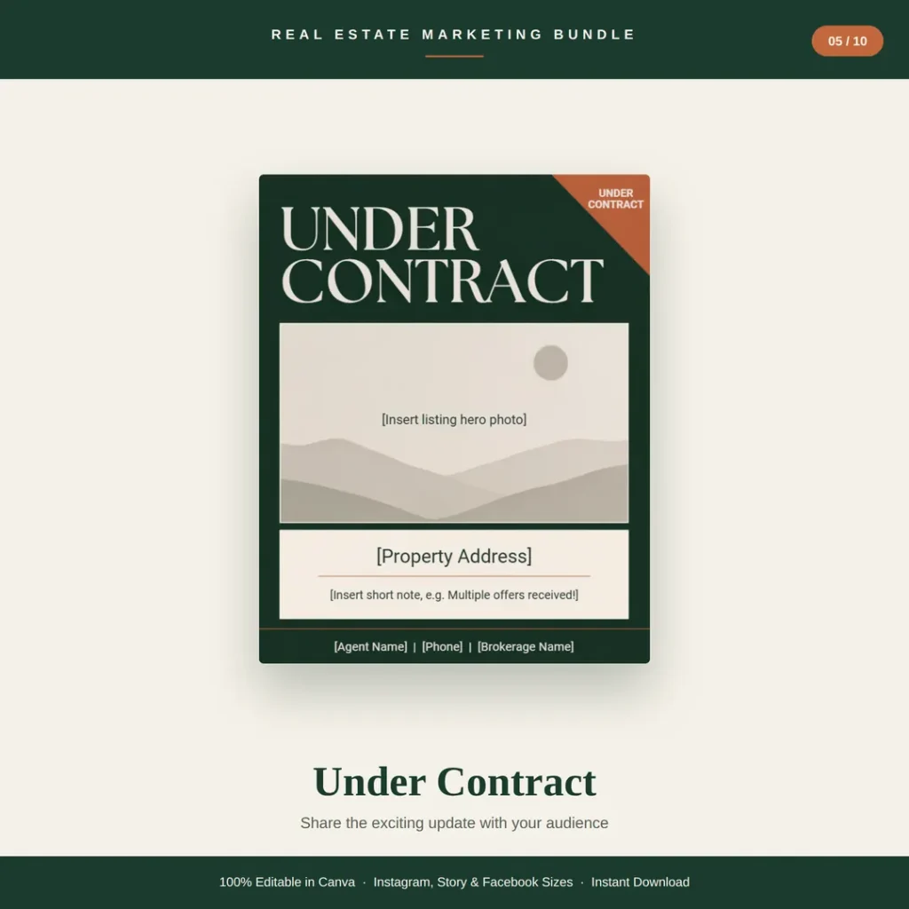 Under contract Instagram post template for realtors with listing photo frame