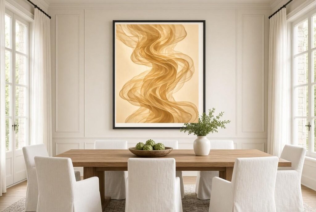 Wabi sabi gold wall art in a white dining room
