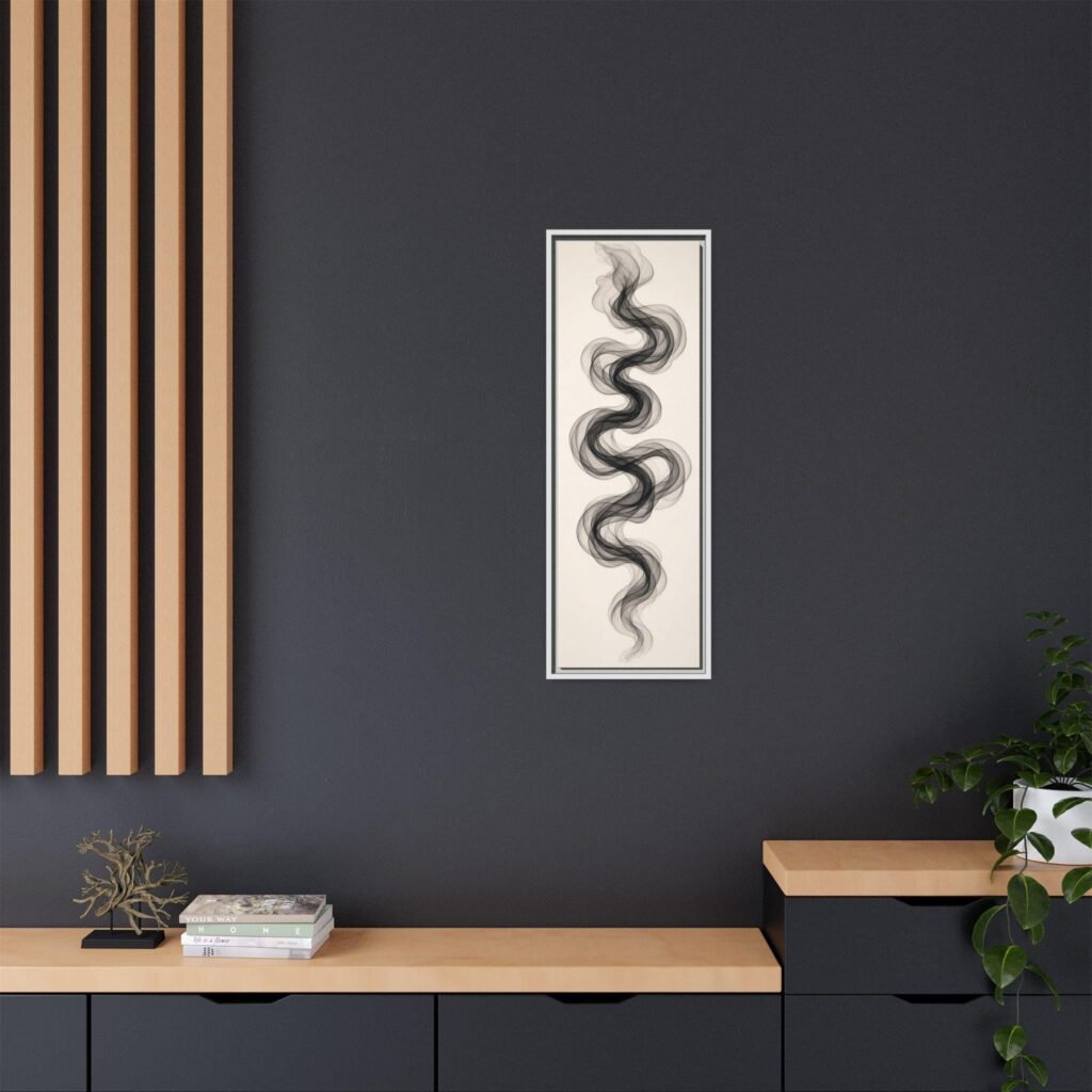 Tall narrow wall art on a dark navy wall with wood slats