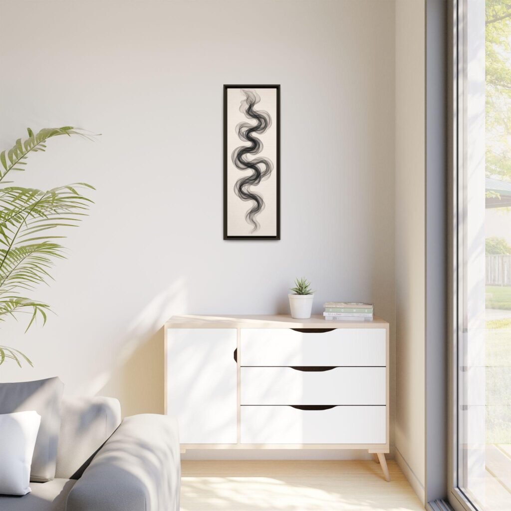Wall art for narrow hallway: tall framed ink canvas beside a white cabinet